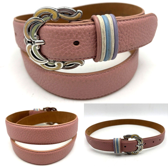 Vintage 00s Brighton B30707 Pink Pebbled Leather Enamel Buckle Belt ML 32 - Picture 1 of 16
